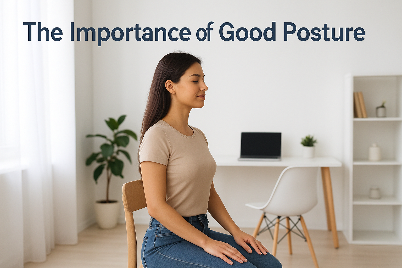 A young woman with straight posture sits confidently on a wooden chair in a bright, modern room with a desk and plants in the background, demonstrating good sitting posture.”