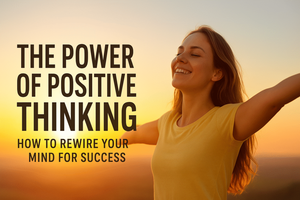 A joyful woman in a yellow shirt stands outdoors at sunrise with her arms outstretched, smiling brightly as sunlight illuminates her face. The image includes the text - The Power of Positive Thinking: How to Rewire Your Mind for Success.