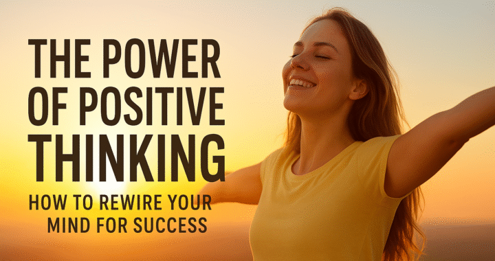 A joyful woman in a yellow shirt stands outdoors at sunrise with her arms outstretched, smiling brightly as sunlight illuminates her face. The image includes the text - The Power of Positive Thinking: How to Rewire Your Mind for Success.
