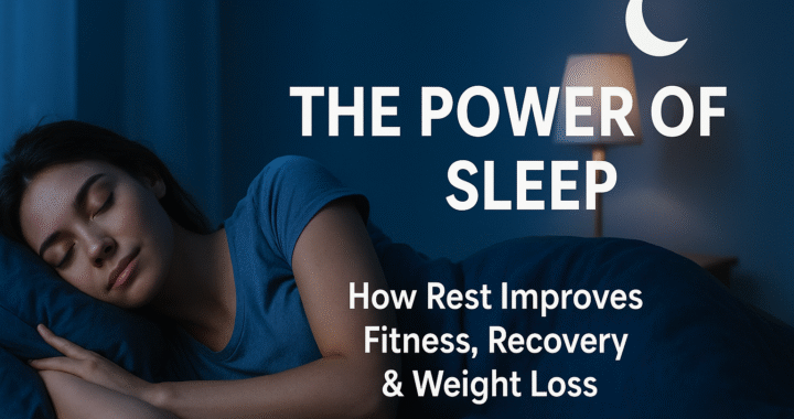 A young woman peacefully sleeping on her side in a cozy, dimly lit bedroom with soft blue tones. Text overlay reads “The Power of Sleep: How Rest Improves Fitness, Recovery & Weight Loss,” representing the connection between rest and physical wellness.