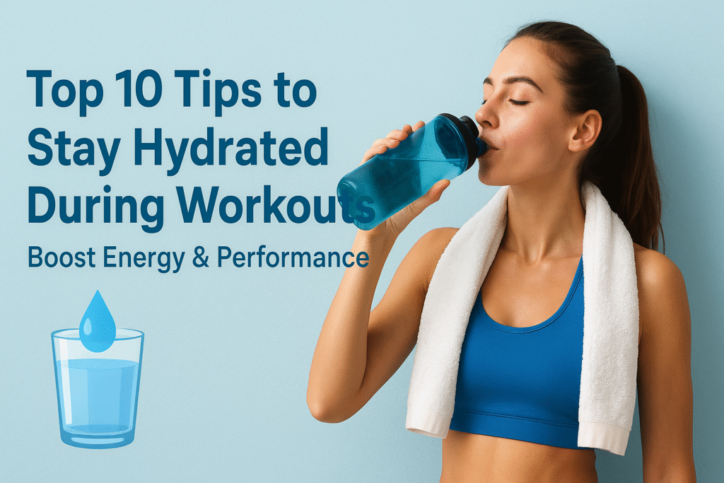 Alt text: “Fit woman drinking water after workout, wearing blue sportswear and white towel, with text ‘Top 10 Tips to Stay Hydrated During Workouts – Boost Energy & Performance’ on a blue background.”
