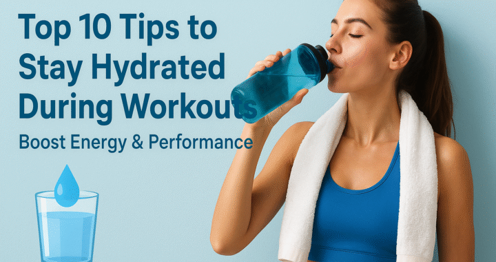 Alt text: “Fit woman drinking water after workout, wearing blue sportswear and white towel, with text ‘Top 10 Tips to Stay Hydrated During Workouts – Boost Energy & Performance’ on a blue background.”