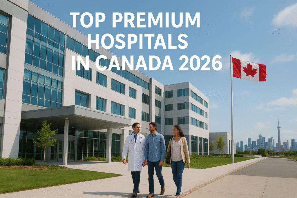 Modern Canadian hospital exterior with doctors and patients walking together, Canadian flag and city skyline in the background, text “Top Premium Hospitals in Canada 2026” displayed on the image.