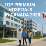 Modern Canadian hospital exterior with doctors and patients walking together, Canadian flag and city skyline in the background, text “Top Premium Hospitals in Canada 2026” displayed on the image.