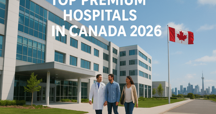 Modern Canadian hospital exterior with doctors and patients walking together, Canadian flag and city skyline in the background, text “Top Premium Hospitals in Canada 2026” displayed on the image.