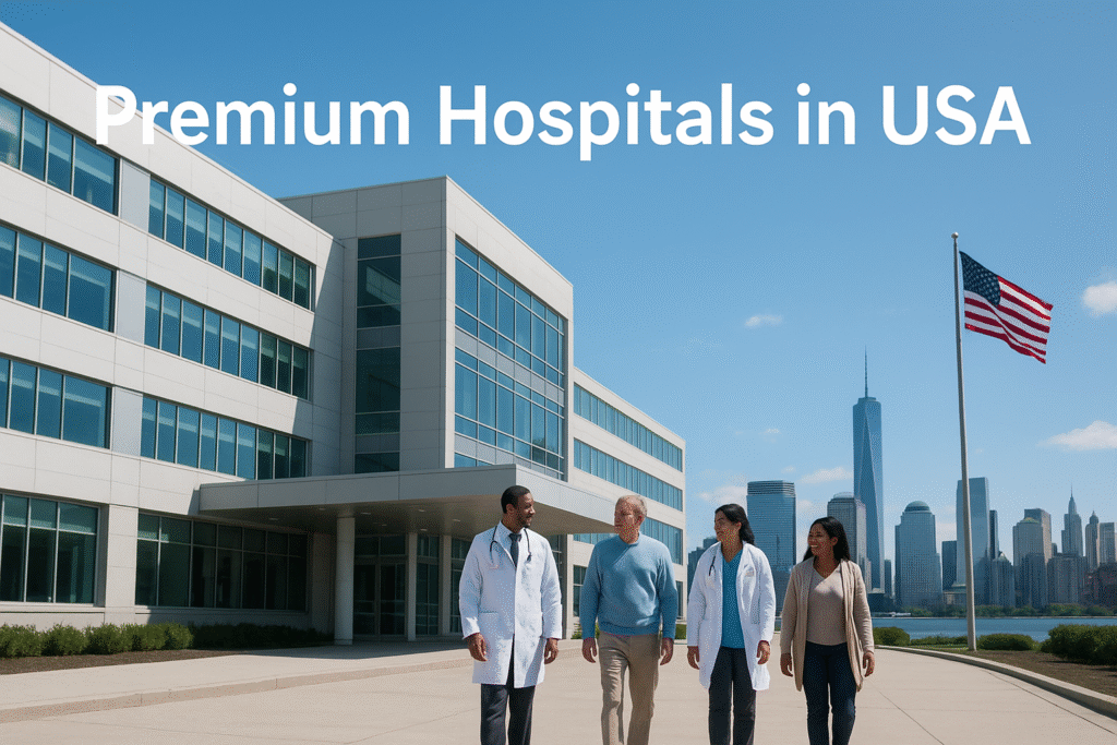 Modern hospital building in the USA with doctors and patients walking outside, American flag waving, and city skyline in the background — text reads “Premium Hospitals in USA.”