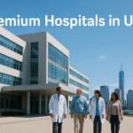Modern hospital building in the USA with doctors and patients walking outside, American flag waving, and city skyline in the background — text reads “Premium Hospitals in USA.”