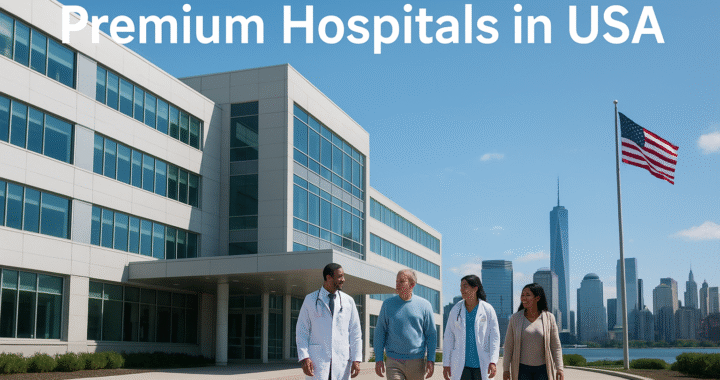 Modern hospital building in the USA with doctors and patients walking outside, American flag waving, and city skyline in the background — text reads “Premium Hospitals in USA.”