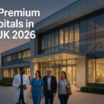 Modern British hospital exterior at dusk with glass facade, Union Jack reflected on windows, and London skyline featuring Big Ben in the background; diverse doctors and patients walking together in front of the entrance with overlay text “Top Premium Hospitals in the UK 2026.”