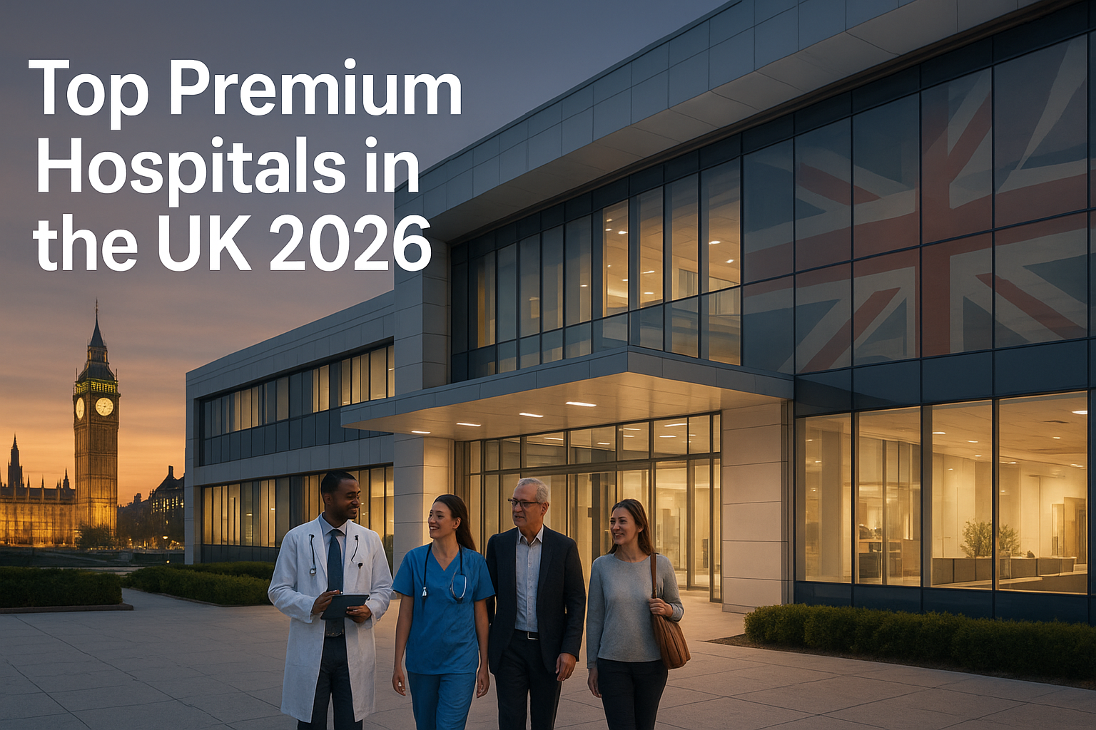 Modern British hospital exterior at dusk with glass facade, Union Jack reflected on windows, and London skyline featuring Big Ben in the background; diverse doctors and patients walking together in front of the entrance with overlay text “Top Premium Hospitals in the UK 2026.”