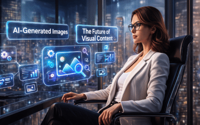 A stylish woman in a white blazer and glasses sits in a futuristic office, surrounded by glowing holographic screens displaying icons and headlines about AI-generated images and the future of visual content, with a vibrant city skyline shining through the large windows.