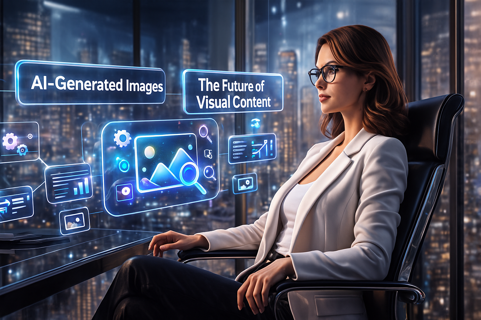 A stylish woman in a white blazer and glasses sits in a futuristic office, surrounded by glowing holographic screens displaying icons and headlines about AI-generated images and the future of visual content, with a vibrant city skyline shining through the large windows.