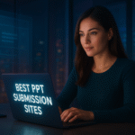 An attractive woman sits in a modern workspace illuminated by soft neon lighting, focused on her glowing laptop screen that displays the headline “Best PPT Submission Sites.” The background features sleek tech decor, glass reflections, and a blurred cityscape, creating a futuristic, inspiring, and innovative atmosphere.