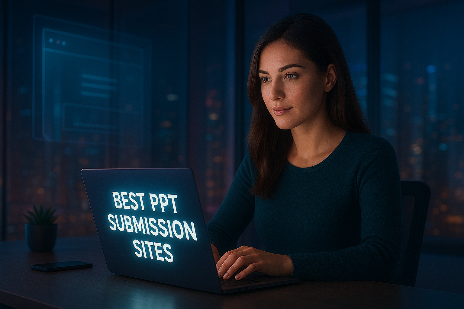 An attractive woman sits in a modern workspace illuminated by soft neon lighting, focused on her glowing laptop screen that displays the headline “Best PPT Submission Sites.” The background features sleek tech decor, glass reflections, and a blurred cityscape, creating a futuristic, inspiring, and innovative atmosphere.