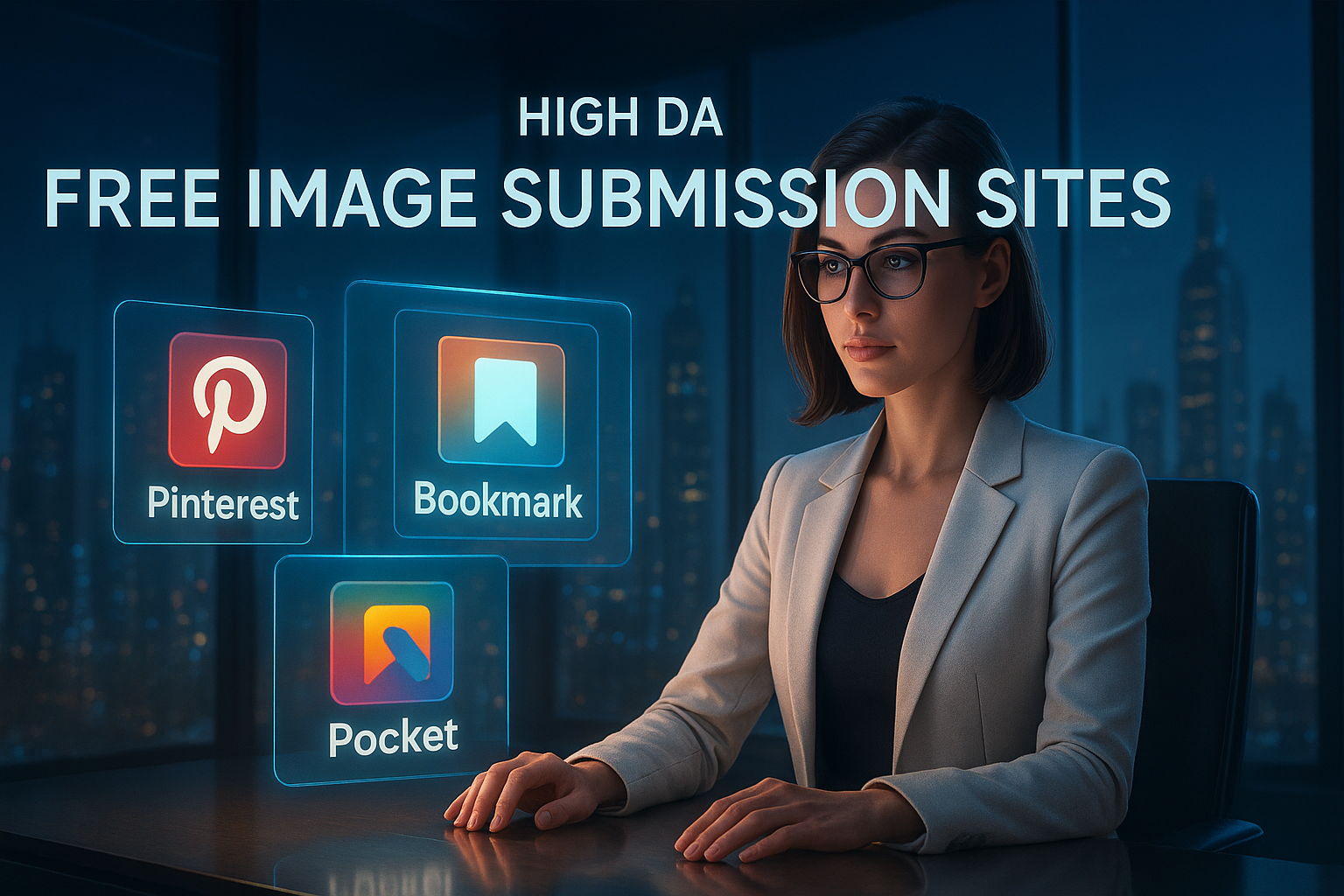 A stylish woman in a white blazer and glasses sits at a sleek office desk surrounded by floating holographic screens displaying Pinterest, Bookmark, and Pocket logos. The background shows modern skyscrapers glowing at night, creating a futuristic and professional atmosphere.