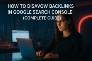An attractive woman wearing glasses works on a glowing laptop in a modern workspace with soft neon lighting and a sleek, minimal tech setup. The screen displays the headline “How to Disavow Backlinks in Google Search Console (Complete Guide),” creating an inspiring and focused digital atmosphere.