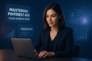 A confident woman with brown hair working on a laptop at a sleek tech desk, surrounded by floating holographic charts, trending headlines, and analytics graphics, with blue and purple ambient lighting in a futuristic, photorealistic style.