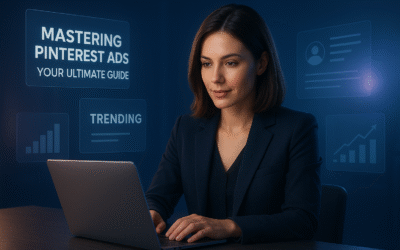 A confident woman with brown hair working on a laptop at a sleek tech desk, surrounded by floating holographic charts, trending headlines, and analytics graphics, with blue and purple ambient lighting in a futuristic, photorealistic style.