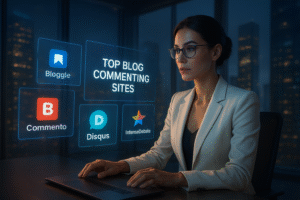 A stylish woman in a white blazer and glasses sits at a modern office desk with a laptop, surrounded by futuristic holographic screens displaying colorful blog commenting site logos and headlines such as “Top Blog Commenting Sites.” The background features tall, glowing skyscrapers through large windows, creating a sleek and professional yet creative atmosphere.