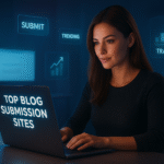 A confident woman with brown hair works on a high-end laptop in a sleek, futuristic workspace illuminated by soft blue and purple ambient lighting. Floating digital icons display words like “Submit,” “Trending,” and “Traffic,” while her laptop screen shows the headline “Top Blog Submission Sites,” symbolizing productivity, innovation, and digital creativity.