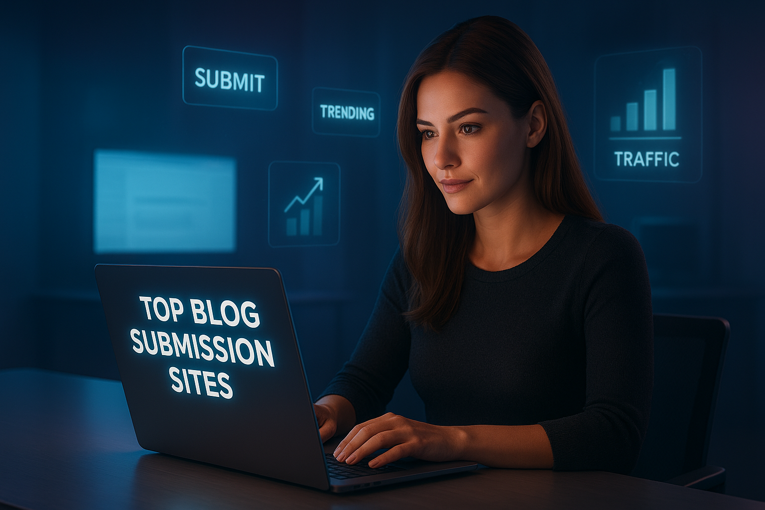 A confident woman with brown hair works on a high-end laptop in a sleek, futuristic workspace illuminated by soft blue and purple ambient lighting. Floating digital icons display words like “Submit,” “Trending,” and “Traffic,” while her laptop screen shows the headline “Top Blog Submission Sites,” symbolizing productivity, innovation, and digital creativity.