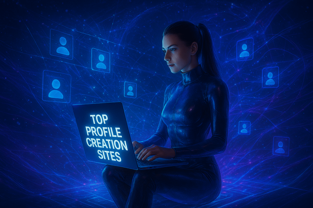 A futuristic woman in a metallic blue bodysuit sits on a glowing digital platform in cyberspace, surrounded by luminous profile icons, data streams, and interconnected networks. She works intently on a laptop displaying the headline “Top Profile Creation Sites,” with radiant blue and violet energy waves symbolizing technology, intelligence, and innovation.
