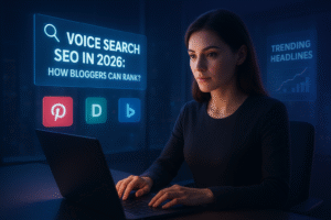 Photorealistic digital artwork of a confident woman with brown hair working on a high-end laptop, surrounded by floating holographic bookmarks, trending headlines, and analytics charts in a futuristic office with blue and purple ambient lighting.