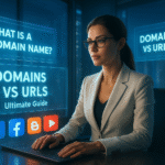 Futuristic cinematic artwork of a stylish woman in a white blazer sitting in a modern office with holographic screens showing “What is a Domain Name?” and “Domains vs URLs” headlines, with a glowing cityscape in the background.