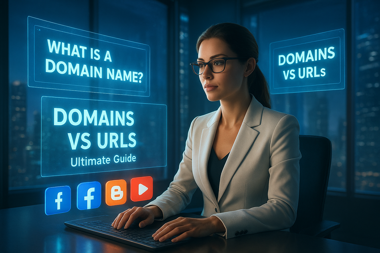 Futuristic cinematic artwork of a stylish woman in a white blazer sitting in a modern office with holographic screens showing “What is a Domain Name?” and “Domains vs URLs” headlines, with a glowing cityscape in the background.