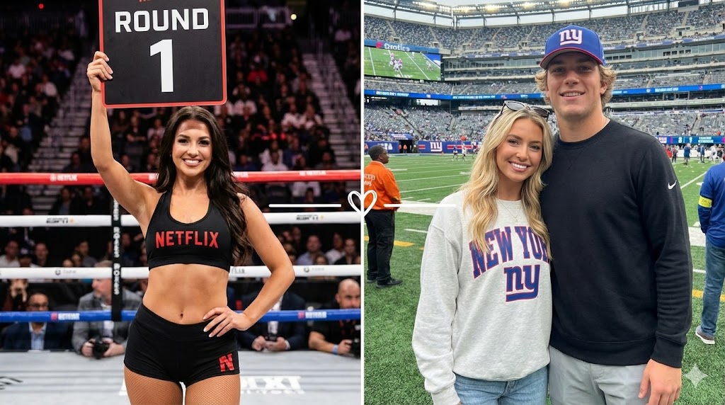 Here is the descriptive alt text for the second image:

**An illustration of three ring girls standing together inside a boxing ring with a blurred crowd in the background, representing Marissa Ayers and the viral ring girls from the Jake Paul vs. Anthony Joshua fight.**