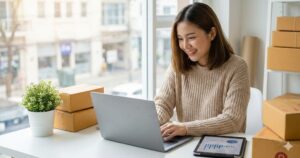 A smiling young woman in a knitted sweater working on a laptop at a desk in a sunlit home office, surrounded by stacked cardboard boxes and a tablet displaying charts.