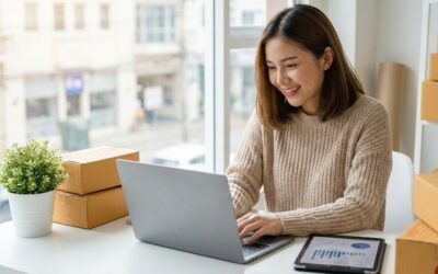 A smiling young woman in a knitted sweater working on a laptop at a desk in a sunlit home office, surrounded by stacked cardboard boxes and a tablet displaying charts.