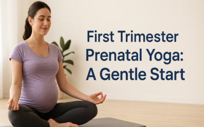 A calm, minimalistic illustration of a pregnant woman practicing gentle prenatal yoga in a seated pose, with soft pastel colors and the title “First Trimester Prenatal Yoga: A Gentle Start” displayed clearly on a clean background.