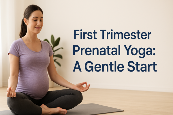A calm, minimalistic illustration of a pregnant woman practicing gentle prenatal yoga in a seated pose, with soft pastel colors and the title “First Trimester Prenatal Yoga: A Gentle Start” displayed clearly on a clean background.