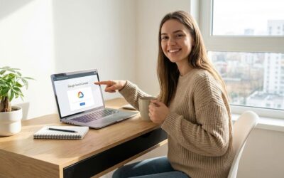 A smiling woman in a home office points to a laptop displaying the Google Search Console welcome screen, holding a mug.