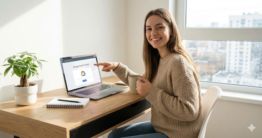 A smiling woman in a home office points to a laptop displaying the Google Search Console welcome screen, holding a mug.