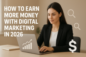 A young professional woman working on a laptop in a modern office, with bold text reading “How to Earn More Money With Digital Marketing in 2026” and subtle digital marketing icons and a dollar symbol displayed around her.
