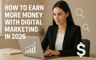 A young professional woman working on a laptop in a modern office, with bold text reading “How to Earn More Money With Digital Marketing in 2026” and subtle digital marketing icons and a dollar symbol displayed around her.