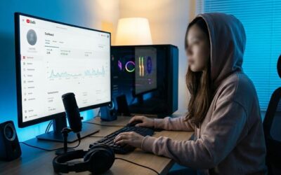 A person with a blurred face wearing a hoodie sits at a desk in a dimly lit room with blue ambient light, reviewing YouTube Studio analytics on a large monitor. A microphone and headphones are on the desk, suggesting content creation.