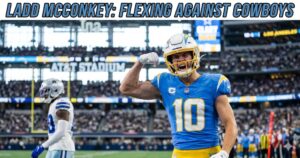 An action shot illustration of Los Angeles Chargers wide receiver Ladd McConkey flexing and celebrating a big play against the Dallas Cowboys defense, set against a stadium background.
