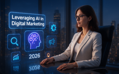 A stylish woman in a white blazer and glasses sits in a futuristic office, looking at glowing holographic screens displaying icons and the headline “Leveraging AI in Digital Marketing 2026,” with a vibrant city skyline visible through large windows in the background.