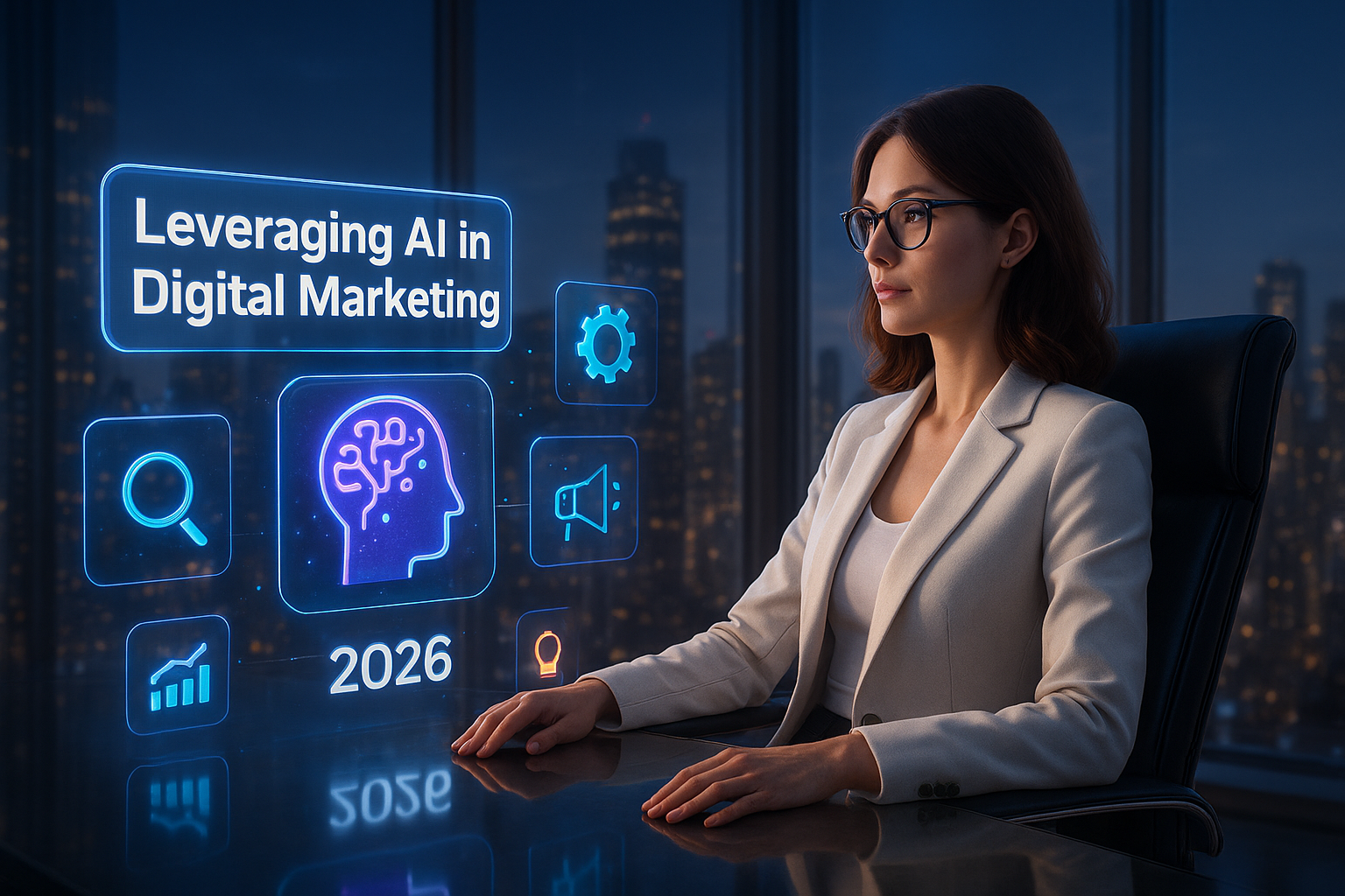 A stylish woman in a white blazer and glasses sits in a futuristic office, looking at glowing holographic screens displaying icons and the headline “Leveraging AI in Digital Marketing 2026,” with a vibrant city skyline visible through large windows in the background.