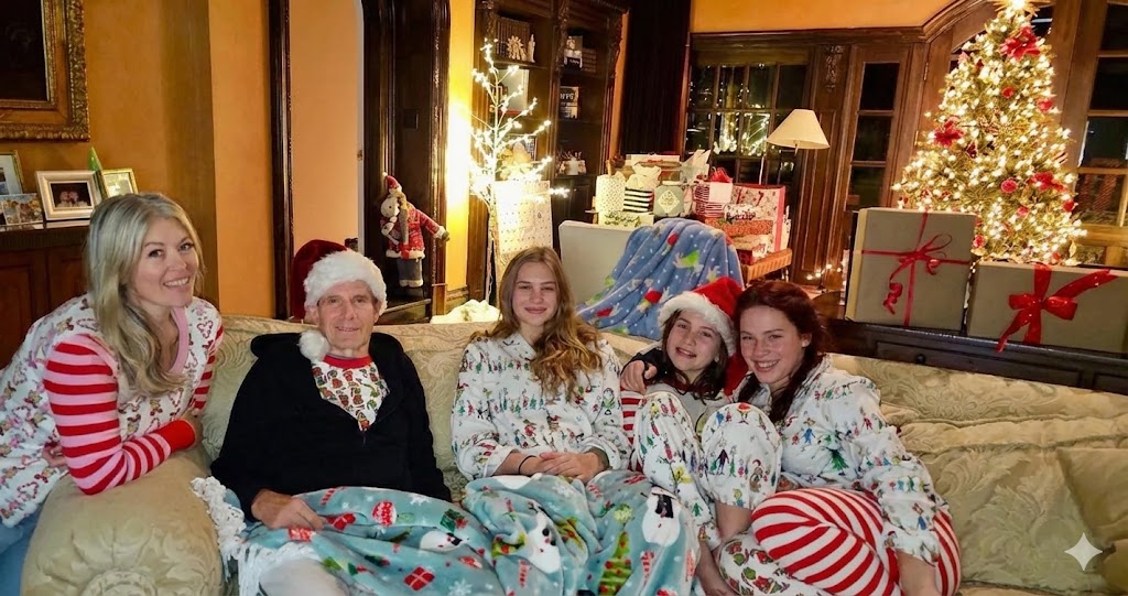 Santa hat, sitting closely together on a couch wearing festive Christmas pajamas in a living room decorated with a lit Christmas tree and presents.