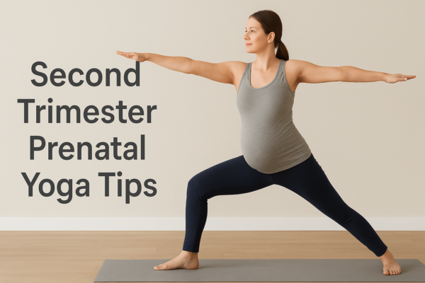 A pregnant woman in her second trimester practicing a modified Warrior II yoga pose on a mat, positioned in a bright indoor room, with the text “Second Trimester Prenatal Yoga Tips” displayed clearly on the left side.