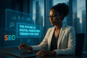 A futuristic cinematic scene featuring a stylish woman in a white blazer and glasses, sitting in a sleek office with large windows overlooking glowing skyscrapers. She interacts with floating holographic screens displaying digital marketing analytics, SEO icons, and the text “The Future of Digital Marketing: Trends for 2026.” The atmosphere is modern, innovative, and high-tech, with soft bloom lighting and hyper-detailed reflections.