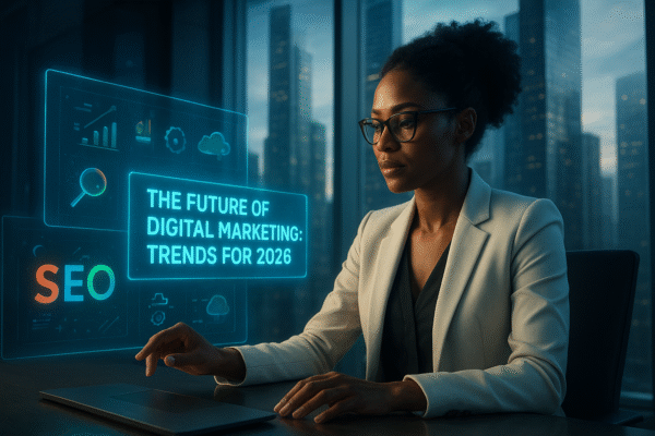 A futuristic cinematic scene featuring a stylish woman in a white blazer and glasses, sitting in a sleek office with large windows overlooking glowing skyscrapers. She interacts with floating holographic screens displaying digital marketing analytics, SEO icons, and the text “The Future of Digital Marketing: Trends for 2026.” The atmosphere is modern, innovative, and high-tech, with soft bloom lighting and hyper-detailed reflections.