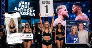 Here is the descriptive alt text for the featured image: **A dramatic illustration of a boxing ring arena under bright spotlights, featuring a ring girl holding a round card, designed as a blog cover image for the viral story about Marissa Ayers and the Jake Paul vs. Anthony Joshua fight.**