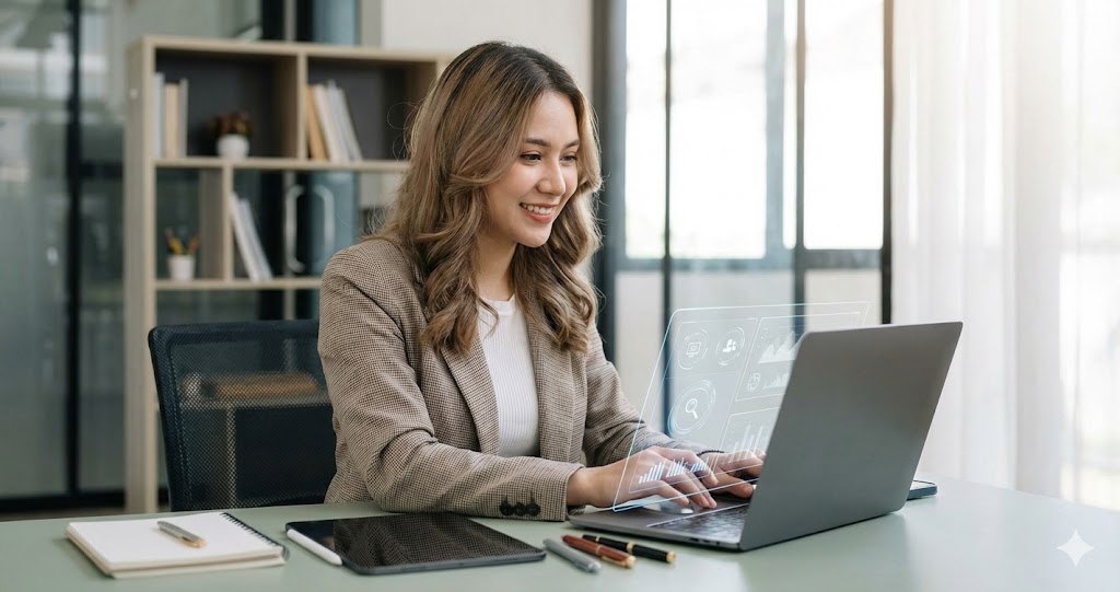 A smiling young woman in a plaid blazer sits at a desk in a modern office, typing on a laptop. A futuristic holographic display showing data charts and icons projects from the laptop's keyboard. Beside the laptop are a tablet, notebook, and pens. A bookshelf is visible in the background near a large window.