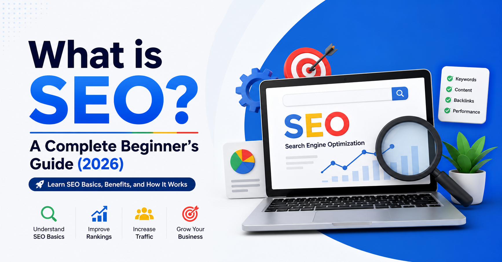 Modern SEO banner showing a laptop with search engine optimization analytics, keywords, backlinks, and performance icons with the title "What is SEO? A Complete Beginner’s Guide (2026)".